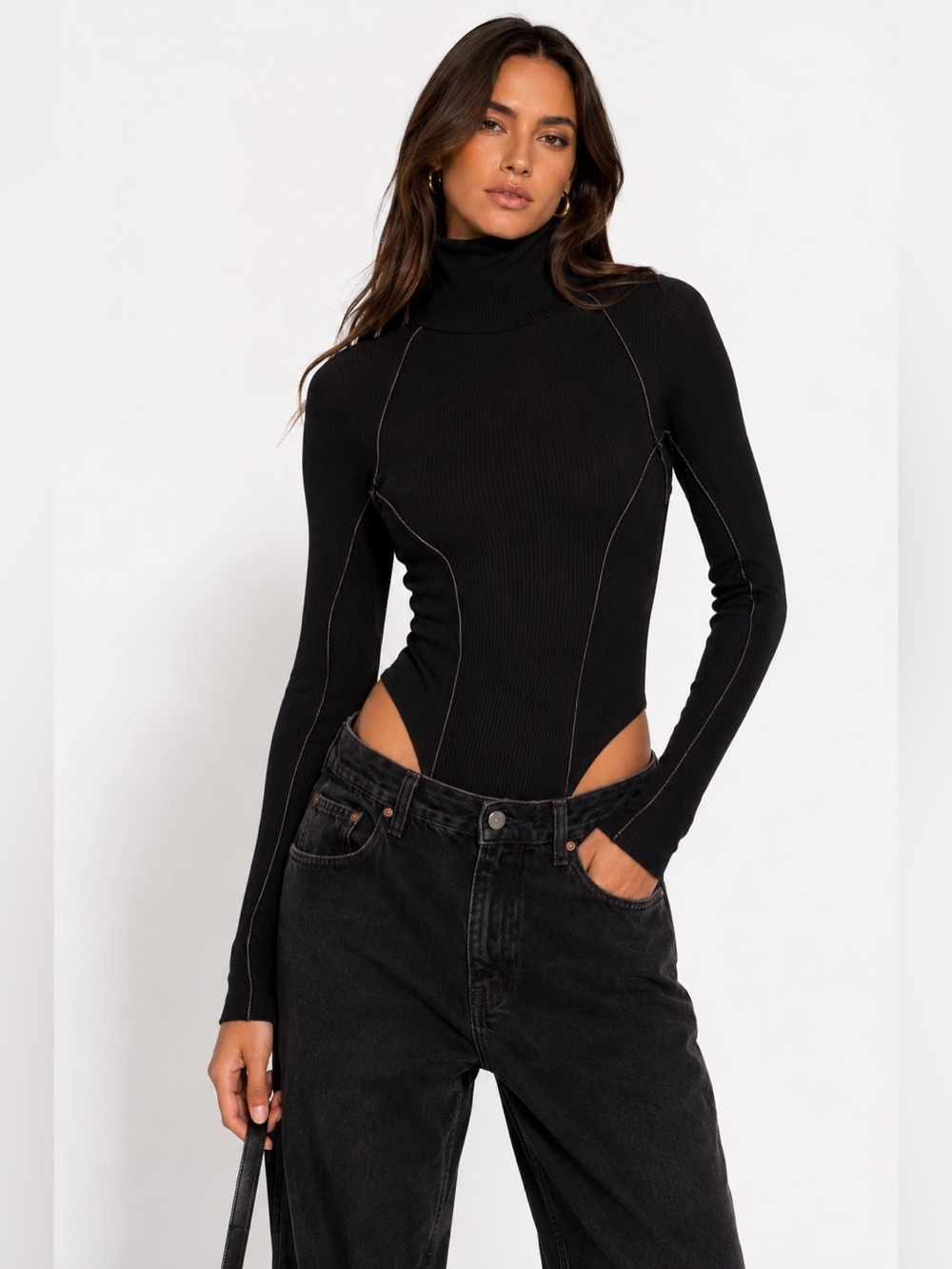 Manière De Voir Black Ribbed Cutout Turtleneck Bodysuit